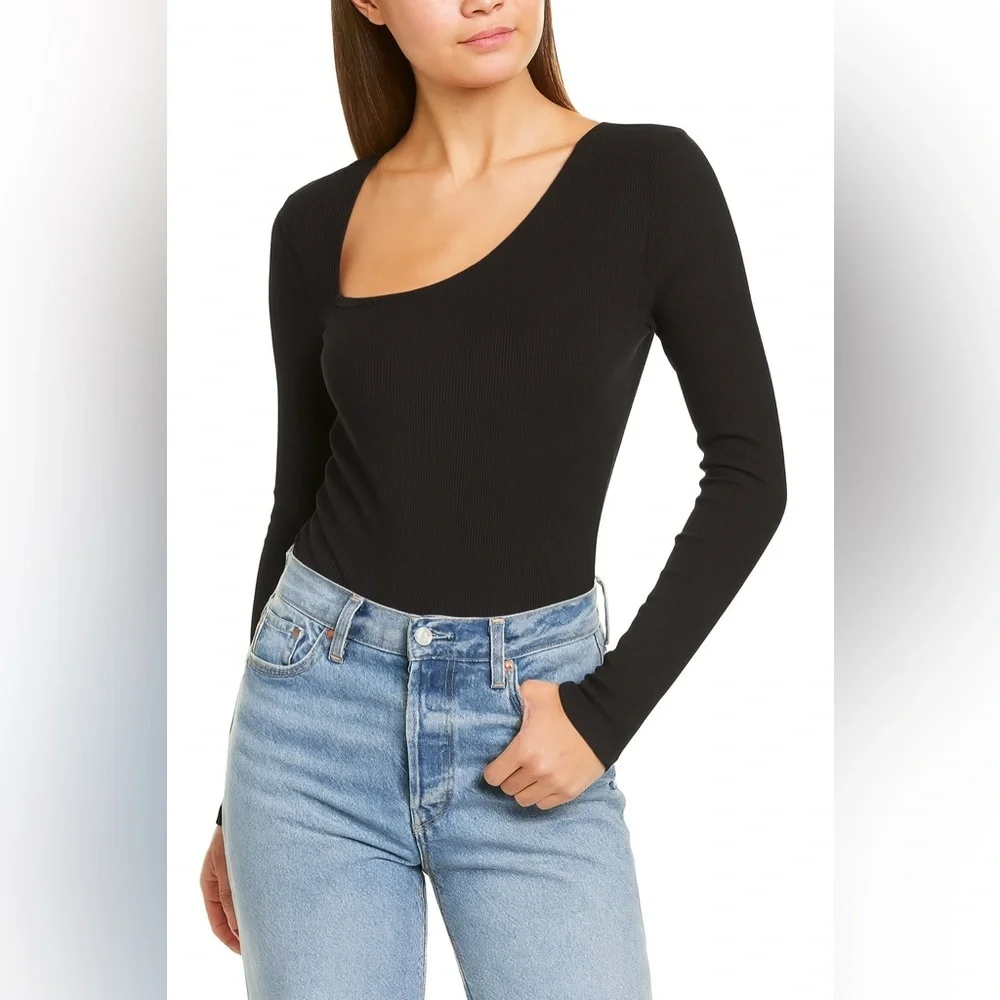 Avec Les Filles Black Ribbed Long Sleeve Bodysuit Asymmetric Neckline Medium NWT - Picture 1 of 5